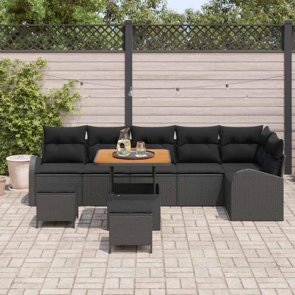 9-teiliges Garten Sofa Set mit Kissen Schwarz Poly Rattan Akazie, 2-Sitzer Garten Sofa mit Kissen Schwarz Poly Rattan, 3-teiliges Garten Essenset mit Kissen Schwarz Poly Rattan Akazie