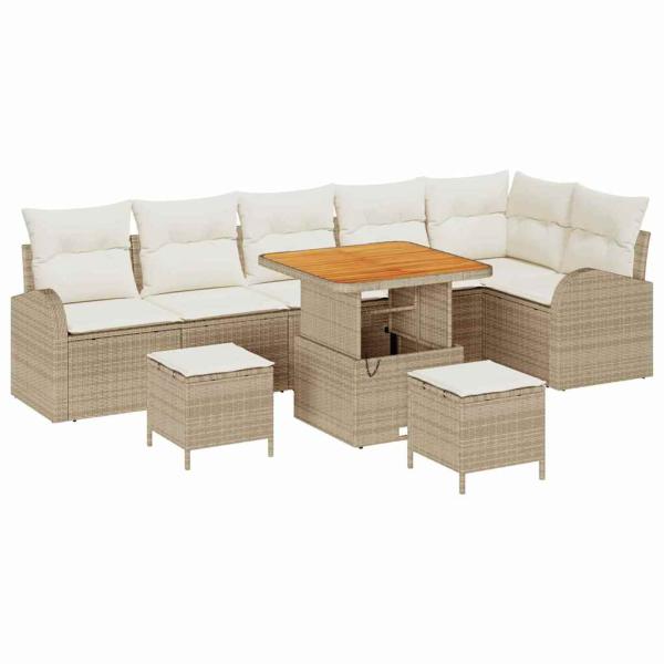 9-teiliges Garten Sofa Set mit Kissen Beige Poly Rattan Akazie, 2-Sitzer Garten Sofa mit Kissen Beige Poly Rattan, 3-teiliges Garten Esszimmer Set mit Kissen Beige Poly Rattan Akazie.