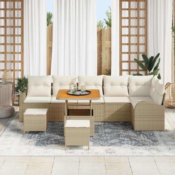 9-teiliges Garten Sofa Set mit Kissen Beige Poly Rattan Akazie, 2-Sitzer Garten Sofa mit Kissen Beige Poly Rattan, 3-teiliges Garten Esszimmer Set mit Kissen Beige Poly Rattan Akazie.