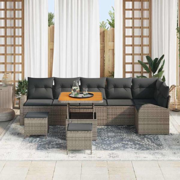 9-teiliges Garten Sofa Set mit Kissen Grau Poly Rattan, 2-Sitzer Garten Sofa mit Kissen Grau Poly Rattan, 3-teiliges Garten Essset mit Kissen Grau Poly Rattan