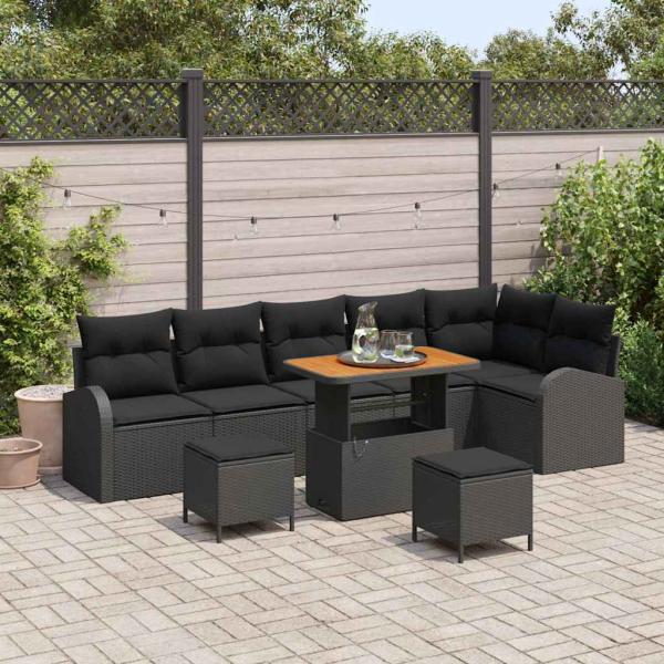 ARDEBO.de - 9-teiliges Garten-Sofa-Set mit Kissen Schwarz Poly Rattan Akazie, 2-Sitzer Garten-Sofa mit Kissen Schwarz Poly Rattan, 3-teiliges Garten-Ess-Set mit Kissen Schwarz Poly Rattan Akazie