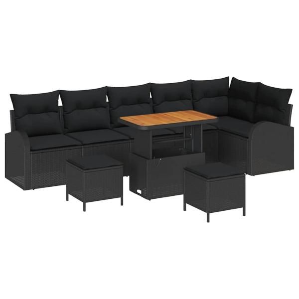 9-teiliges Garten-Sofa-Set mit Kissen Schwarz Poly Rattan Akazie, 2-Sitzer Garten-Sofa mit Kissen Schwarz Poly Rattan, 3-teiliges Garten-Ess-Set mit Kissen Schwarz Poly Rattan Akazie