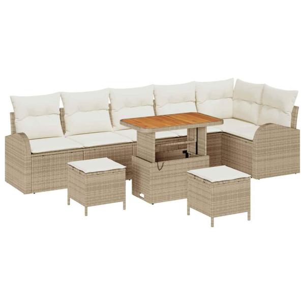 9-teiliges Garten Sofa Set mit Kissen Beige Poly Rattan Akazie, 2-Sitzer Garten Sofa mit Kissen Beige Poly Rattan, 3-teiliges Garten Essset mit Kissen Beige Poly Rattan Akazie
