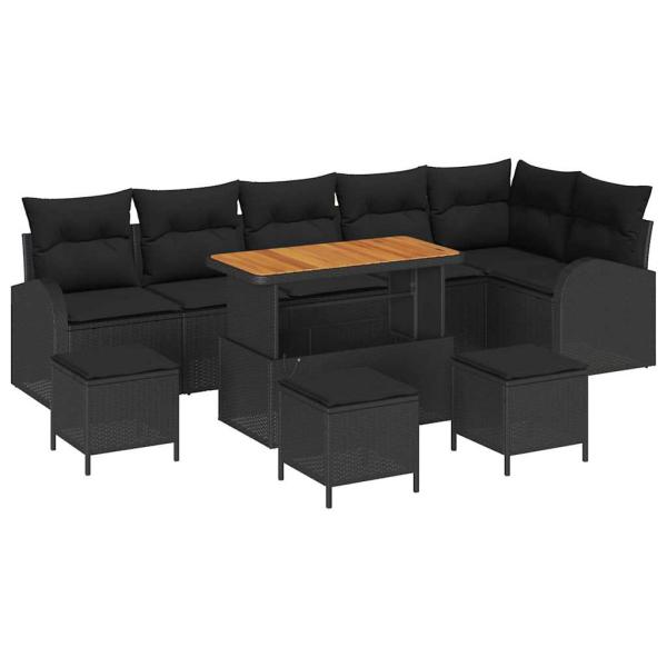 10 Teile Garten Sofa Set mit Kissen Schwarz Poly Rattan Akazie, 2-Sitzer Garten Sofa mit Kissen Schwarz Poly Rattan, 4 Teile Garten Essenset mit Kissen Schwarz Poly Rattan Akazie