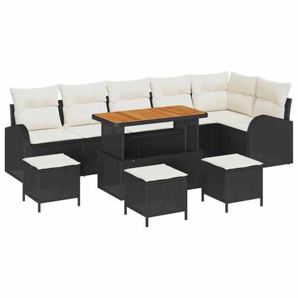 10-teiliges Garten-Sofa-Set mit Kissen Schwarz Poly-Rattan Akazie, 2-Sitzer Garten-Sofa mit Kissen Schwarz Poly-Rattan, 4-teiliges Garten-Essgruppen-Set mit Kissen Schwarz Poly-Rattan Akazie