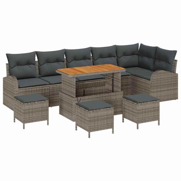 10-teiliges Garten Sofa Set mit Kissen Grau Poly Rattan Akazie, 2-Sitzer Garten Sofa mit Kissen Grau Poly Rattan, 4-teiliges Garten Esstisch Set mit Kissen Grau Poly Rattan Akazie