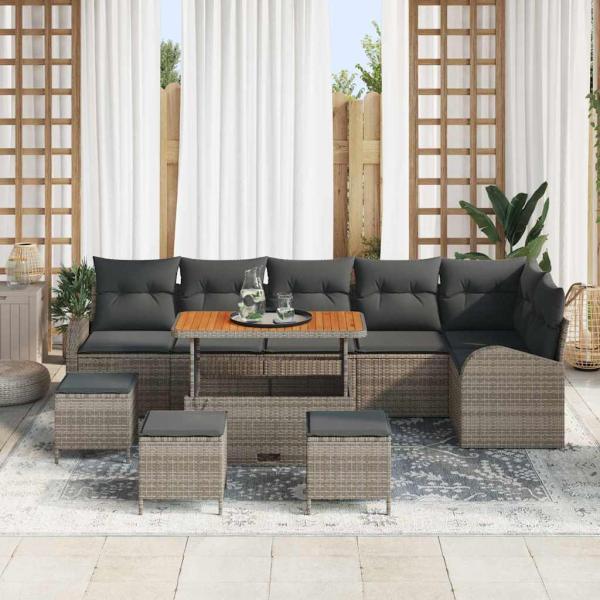 10-teiliges Garten Sofa Set mit Kissen Grau Poly Rattan Akazie, 2-Sitzer Garten Sofa mit Kissen Grau Poly Rattan, 4-teiliges Garten Esstisch Set mit Kissen Grau Poly Rattan Akazie