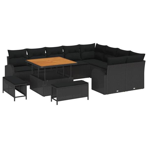 12-teiliges Garten Sofa Set mit Kissen Schwarz Poly Rattan Akazie, 3-teiliges Garten Ess Set mit Kissen Schwarz Poly Rattan Akazie, 2-Sitzer Garten Sofa mit Kissen Schwarz Poly Rattan