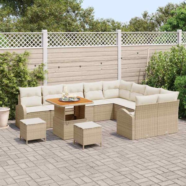 12-teiliges Garten Sofa Set mit Kissen Beige Poly Rattan Akazie, 3-teiliges Garten Esszimmer Set mit Kissen Beige Poly Rattan Akazie, 2-Sitzer Garten Sofa mit Kissen Beige Poly Rattan