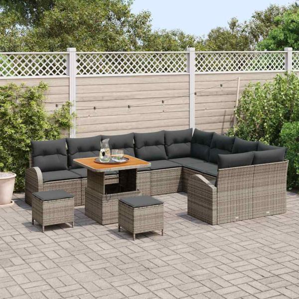 12-teiliges Garten Sofa Set mit Kissen Grau Poly Rattan Akazie, 3-teiliges Garten Essset mit Kissen Grau Poly Rattan Akazie, 2-Sitzer Garten Sofa mit Kissen Grau Poly Rattan