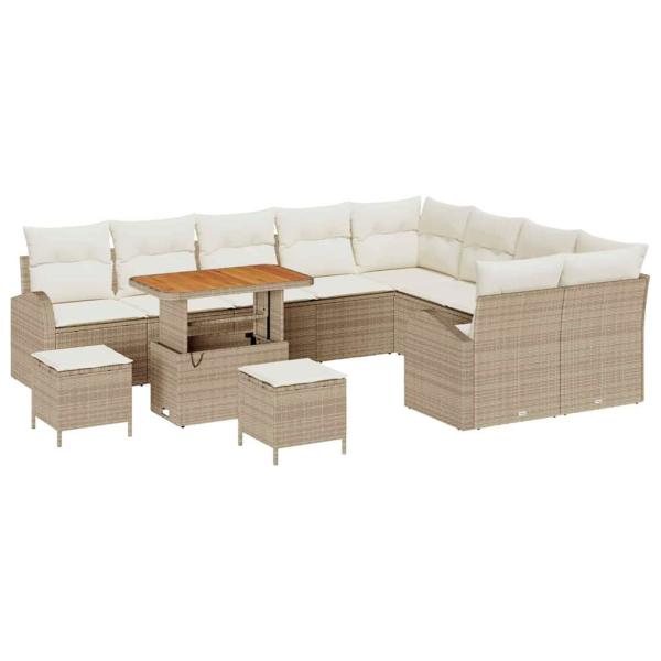 12-teiliges Garten Sofa Set mit Kissen Beige Poly Rattan Akazie, 3-teiliges Garten Esstisch Set mit Kissen Beige Poly Rattan Akazie, 2-Sitzer Garten Sofa mit Kissen Beige Poly Rattan