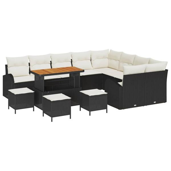 13 teiliges Garten-Sofa-Set mit Kissen Schwarz Poly Rattan Akazie, 4 teiliges Garten-Dining-Set mit Kissen Schwarz Poly Rattan Akazie, 2-Sitzer Garten-Sofa mit Kissen Schwarz Poly Rattan