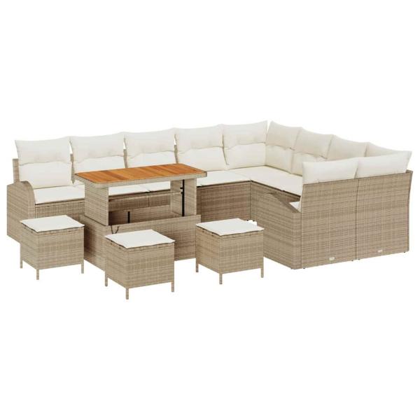 13-teiliges Garten Sofa Set mit Kissen Beige Poly-Rattan Akazie, 4-teiliges Garten Essenset mit Kissen Beige Poly-Rattan Akazie, 2-Sitzer Garten Sofa mit Kissen Beige Poly-Rattan