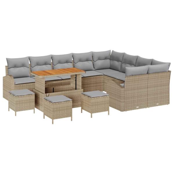 13-teiliges Garten Sofa Set mit Kissen Beige Poly Rattan Akazie, 4-teiliges Garten Esstisch Set mit Kissen Beige Poly Rattan Akazie, 2-Sitzer Garten Sofa mit Kissen Beige Poly Rattan