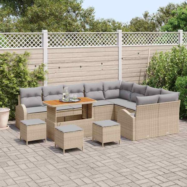 13-teiliges Garten Sofa Set mit Kissen Beige Poly Rattan Akazie, 4-teiliges Garten Esstisch Set mit Kissen Beige Poly Rattan Akazie, 2-Sitzer Garten Sofa mit Kissen Beige Poly Rattan