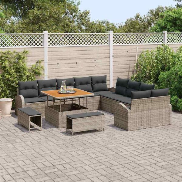 13-teiliges Garten-Sofa-Set mit Kissen grau aus Poly Rattan Akazie, 2-Sitzer Garten-Sofa mit Kissen grau aus Poly Rattan, 3-teiliges Garten-Dining-Set mit Kissen grau aus Poly Rattan Akazie