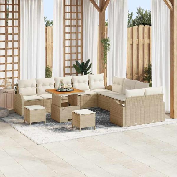 ARDEBO.de - 13-teiliges Garten-Sofa-Set mit Kissen Beige Poly Rattan Akazie, 2-Sitzer Garten-Sofa mit Kissen Beige Poly Rattan, 3-teiliges Garten-Ess-Set mit Kissen Beige Poly Rattan Akazie
