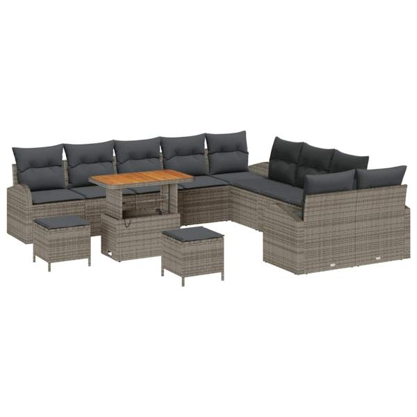 13-teiliges Garten Sofa Set mit grauen Poly-Rattan Kissen, 2-Sitzer Garten Sofa mit grauen Poly-Rattan Kissen, 3-teiliges Garten Dining Set mit grauen Poly-Rattan Kissen