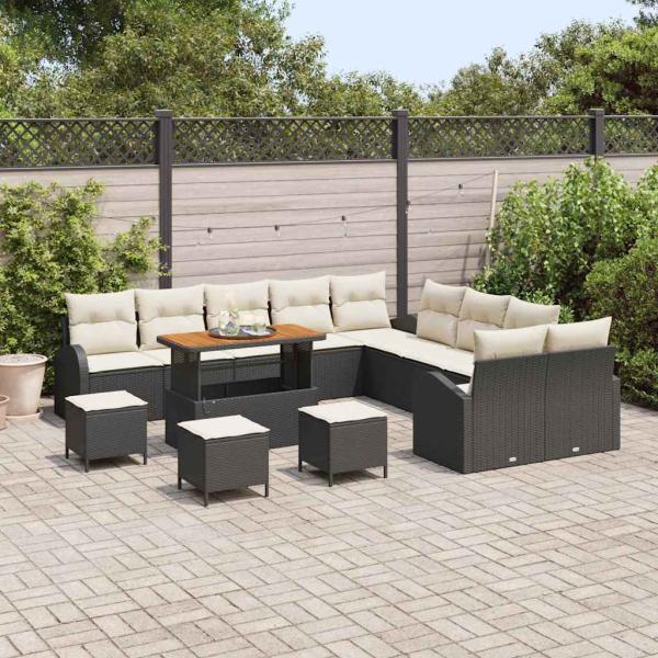 14-teiliges Garten-Sofa-Set mit Kissen Schwarz Poly Rattan Akazie, 2-Sitzer Garten-Sofa mit Kissen Schwarz Poly Rattan, 4-teiliges Garten-Esszimmer-Set mit Kissen Schwarz Poly Rattan Akazie