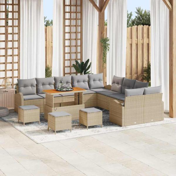 ARDEBO.de - 14-teiliges Garten Sofa Set mit Kissen Beige Poly Rattan Akazie, 2-Sitzer Garten Sofa mit Kissen Beige Poly Rattan, 4-teiliges Garten Dining Set mit Kissen Beige Poly Rattan Akazie