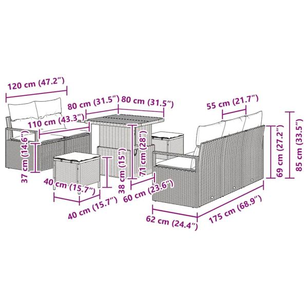 8-teiliges Garten Sofaset mit Kissen Schwarz Poly-Rattan Akazie, 2-Sitzer Garten Sofa mit Kissen Schwarz Poly-Rattan, 3-teiliges Garten Essenset mit Kissen Schwarz Poly-Rattan Akazie