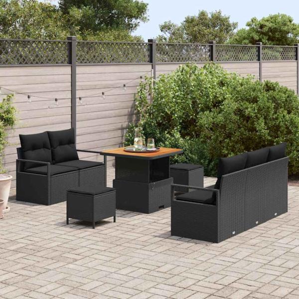 8-teiliges Garten Sofaset mit Kissen Schwarz Poly-Rattan Akazie, 2-Sitzer Garten Sofa mit Kissen Schwarz Poly-Rattan, 3-teiliges Garten Essenset mit Kissen Schwarz Poly-Rattan Akazie