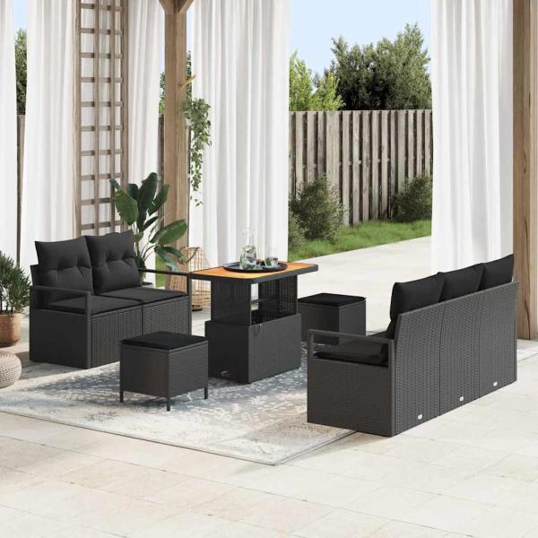 ARDEBO.de - 8-teiliges Garten Sofa Set mit Kissen Schwarz Poly Rattan Akazie, 2-Sitzer Garten Sofa mit Kissen Schwarz Poly Rattan, 3-teiliges Garten Ess-Set mit Kissen Schwarz Poly Rattan Akazie