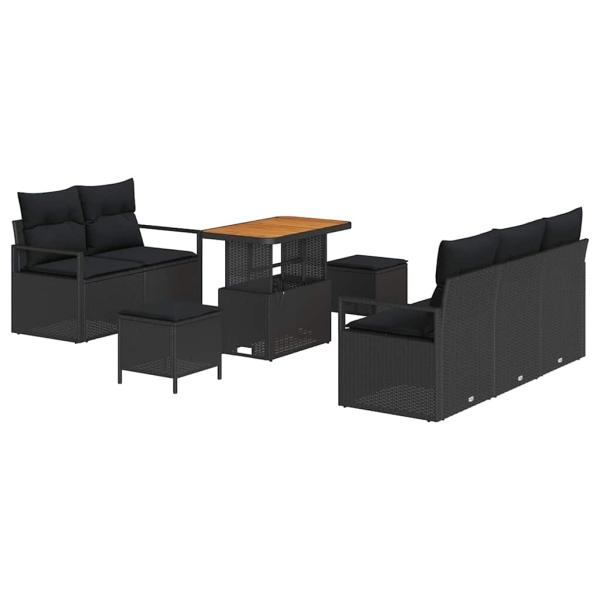 8-teiliges Garten Sofa Set mit Kissen Schwarz Poly Rattan Akazie, 2-Sitzer Garten Sofa mit Kissen Schwarz Poly Rattan, 3-teiliges Garten Ess-Set mit Kissen Schwarz Poly Rattan Akazie