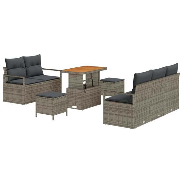 8 Teiliges Garten Sofa Set mit Kissen Grau Poly Rattan Akazie, 2-Sitzer Garten Sofa mit Kissen Grau Poly Rattan, 3 Teiliges Garten Ess Set mit Kissen Grau Poly Rattan Akazie