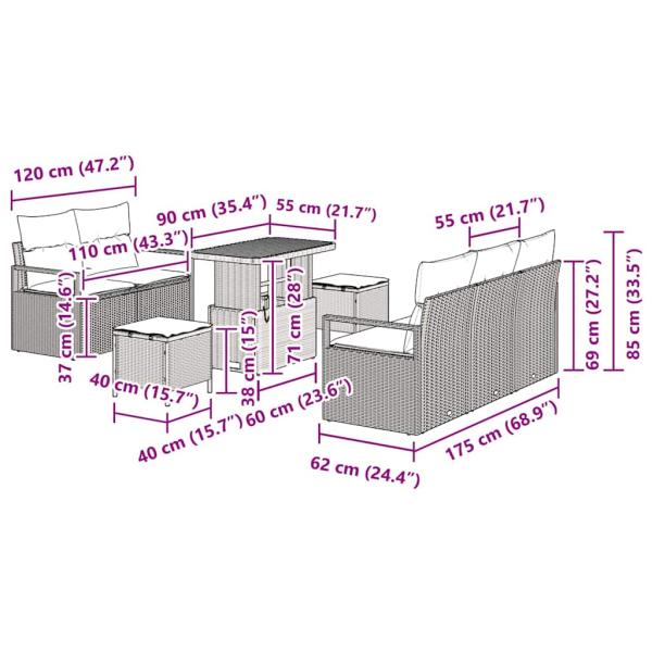 8 Teiliges Garten Sofa Set mit Kissen Grau Poly Rattan Akazie, 2-Sitzer Garten Sofa mit Kissen Grau Poly Rattan, 3 Teiliges Garten Ess Set mit Kissen Grau Poly Rattan Akazie