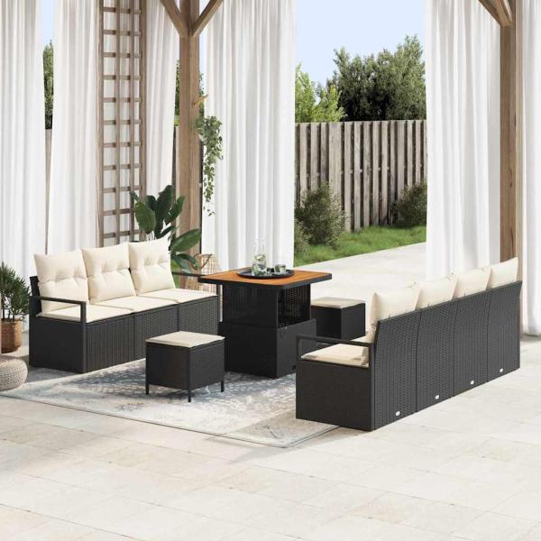 ARDEBO.de - 10-teiliges Garten Sofa Set mit Kissen Schwarz Poly Rattan Akazie, 2-Sitzer Garten Sofa mit Kissen Schwarz Poly Rattan, 3-teiliges Garten Esszimmer Set mit Kissen Schwarz Poly Rattan Akazie