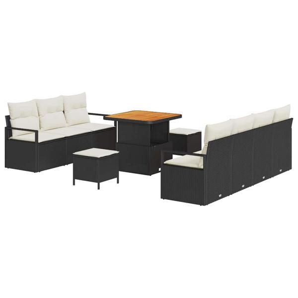 10-teiliges Garten Sofa Set mit Kissen Schwarz Poly Rattan Akazie, 2-Sitzer Garten Sofa mit Kissen Schwarz Poly Rattan, 3-teiliges Garten Esszimmer Set mit Kissen Schwarz Poly Rattan Akazie