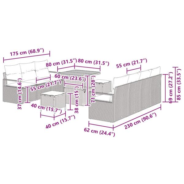 10-teiliges Garten Sofa Set mit Kissen aus grauem Poly-Rattan und Akazie, 2-Sitzer Garten Sofa mit Kissen aus grauem Poly-Rattan, 3-teiliges Garten Esszimmer Set mit Kissen aus grauem Poly-Rattan und Akazie