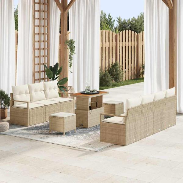 ARDEBO.de - 10-teiliges Garten Sofa Set mit Kissen Beige Poly Rattan Akazie, 2-Sitzer Garten Sofa mit Kissen Beige Poly Rattan, 3-teiliges Garten Essset mit Kissen Beige Poly Rattan Akazie