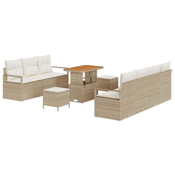 10-teiliges Garten Sofa Set mit Kissen Beige Poly Rattan Akazie, 2-Sitzer Garten Sofa mit Kissen Beige Poly Rattan, 3-teiliges Garten Essset mit Kissen Beige Poly Rattan Akazie