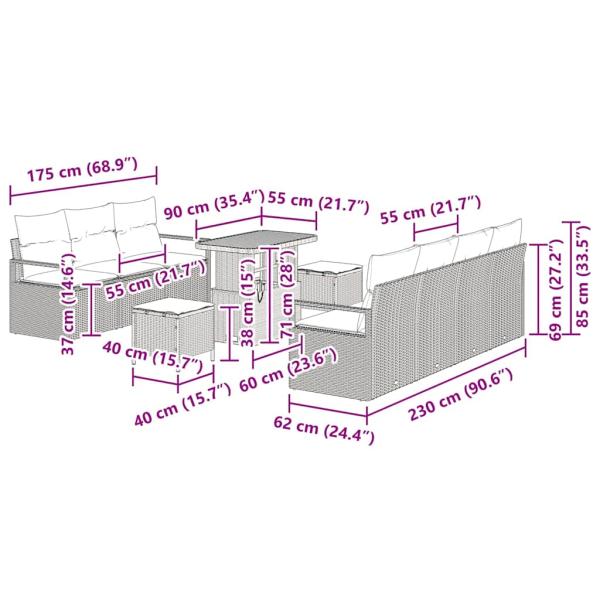 10-teiliges Garten-Sofa Set mit Kissen Grau Poly Rattan Akazie, 2-Sitzer Garten-Sofa mit Kissen Grau Poly Rattan, 3-teiliges Garten-Dining-Set mit Kissen Grau Poly Rattan Akazie