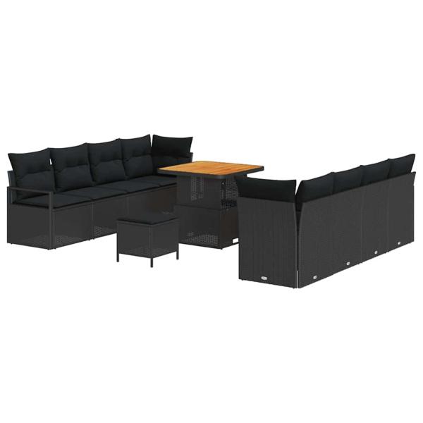 11-teiliges Garten Sofa Set mit Kissen Schwarz Poly Rattan Akazie, 2-Sitzer Garten Sofa mit Kissen Schwarz Poly Rattan, 3-teiliges Garten Esszimmer Set mit Kissen Schwarz Poly Rattan Akazie