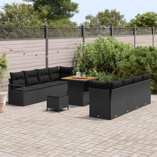 11-teiliges Garten Sofa Set mit Kissen Schwarz Poly Rattan Akazie, 2-Sitzer Garten Sofa mit Kissen Schwarz Poly Rattan, 3-teiliges Garten Esszimmer Set mit Kissen Schwarz Poly Rattan Akazie