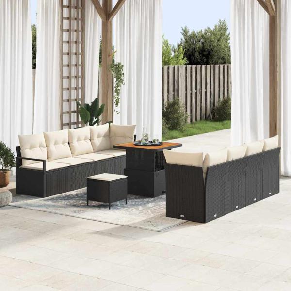 ARDEBO.de - 11-teiliges Garten Sofa Set mit Kissen Schwarz Poly Rattan Akazie, 2-Sitzer Garten Sofa mit Kissen Schwarz Poly Rattan, 3-teiliges Garten Essset mit Kissen Schwarz Poly Rattan Akazie