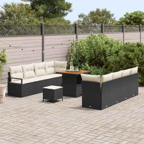 11-teiliges Garten Sofa Set mit Kissen Schwarz Poly Rattan Akazie, 2-Sitzer Garten Sofa mit Kissen Schwarz Poly Rattan, 3-teiliges Garten Essset mit Kissen Schwarz Poly Rattan Akazie