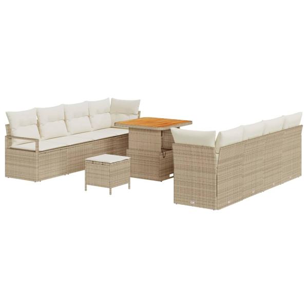11-teiliges Garten Sofa Set mit Kissen Beige Poly Rattan Akazie, 2-Sitzer Garten Sofa mit Kissen Beige Poly Rattan, 3-teiliges Garten Essset mit Kissen Beige Poly Rattan Akazie