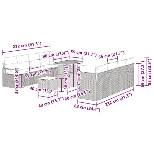 Gartensofa-set mit Kissen 11 pcs Schwarz Poly-Rattan