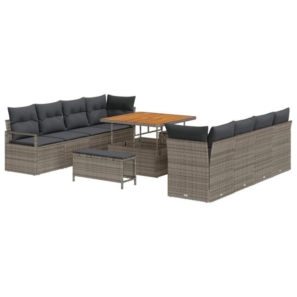 11-teiliges Garten-Sofa-Set mit Kissen Grau Poly Rattan Akazie, 2-Sitzer Garten-Sofa mit Kissen Grau Poly Rattan, 3-teiliges Garten-Dining-Set mit Kissen Grau Poly Rattan Akazie