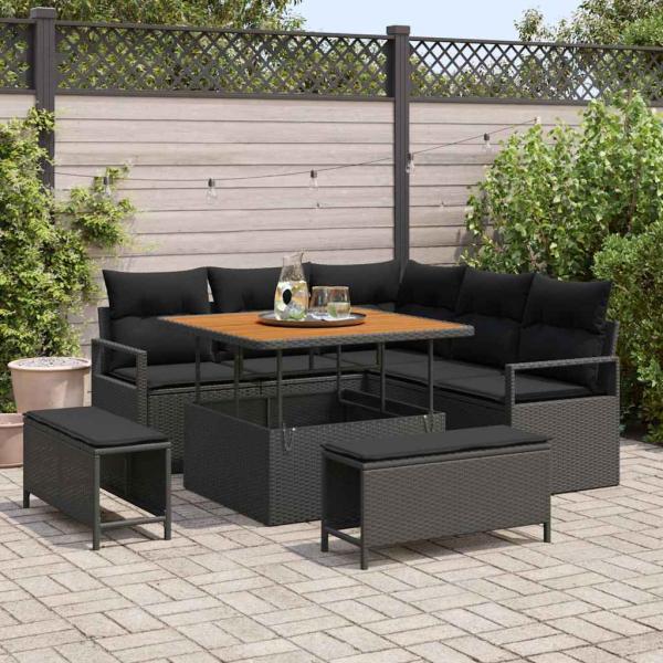 ARDEBO.de - 8-teiliges Garten-Sofa-Set mit Kissen Schwarz Poly-Rattan Akazie, 2-Sitzer Garten-Sofa mit Kissen Schwarz Poly-Rattan, 3-teiliges Garten-Essset mit Kissen Schwarz Poly-Rattan Akazie