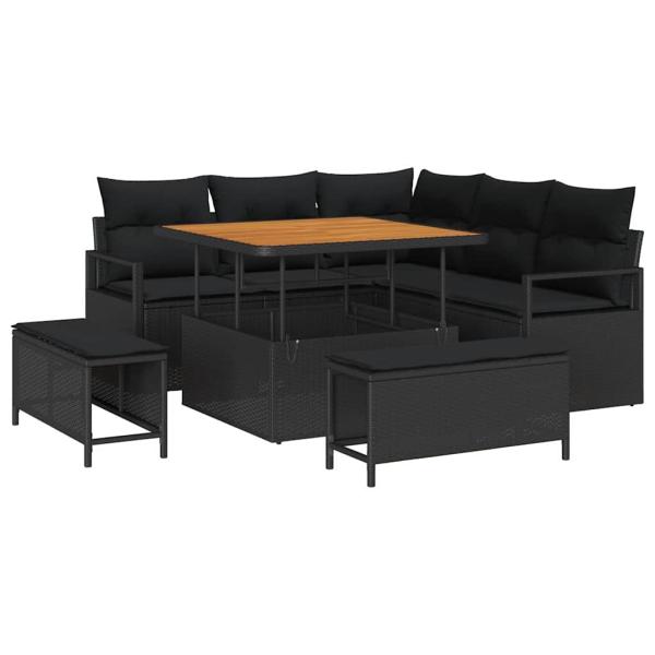 8-teiliges Garten-Sofa-Set mit Kissen Schwarz Poly-Rattan Akazie, 2-Sitzer Garten-Sofa mit Kissen Schwarz Poly-Rattan, 3-teiliges Garten-Essset mit Kissen Schwarz Poly-Rattan Akazie