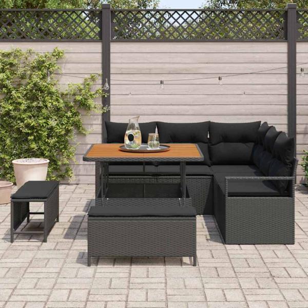 8-teiliges Garten-Sofa-Set mit Kissen Schwarz Poly-Rattan Akazie, 2-Sitzer Garten-Sofa mit Kissen Schwarz Poly-Rattan, 3-teiliges Garten-Essset mit Kissen Schwarz Poly-Rattan Akazie