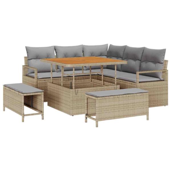 8-teiliges Garten Sofa Set mit Kissen Beiges Poly Rattan Akazie, 2-Sitzer Garten Sofa mit Kissen Beiges Poly Rattan, 3-teiliges Garten Dining Set mit Kissen Beiges Poly Rattan Akazie