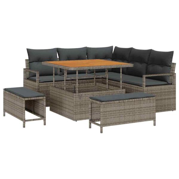 8-teiliges Garten Sofa Set mit Kissen Grau Poly Rattan Akazie, 2-Sitzer Garten Sofa mit Kissen Grau Poly Rattan, 3-teiliges Garten Essset mit Kissen Grau Poly Rattan Akazie