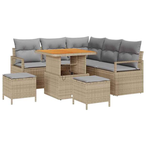 8-teiliges Garten Sofa Set mit Kissen Beiges Poly Rattan Akazie, 2-Sitzer Garten Sofa mit Kissen Beiges Poly Rattan, 3-teiliges Garten Essset mit Kissen Beiges Poly Rattan Akazie