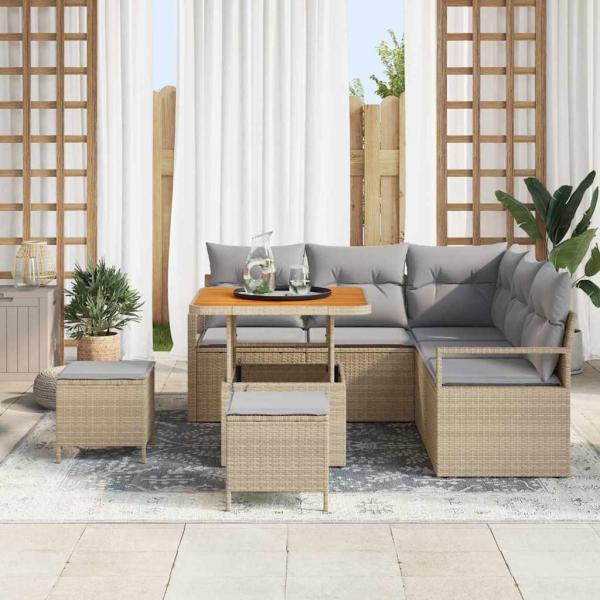 8-teiliges Garten Sofa Set mit Kissen Beiges Poly Rattan Akazie, 2-Sitzer Garten Sofa mit Kissen Beiges Poly Rattan, 3-teiliges Garten Essset mit Kissen Beiges Poly Rattan Akazie
